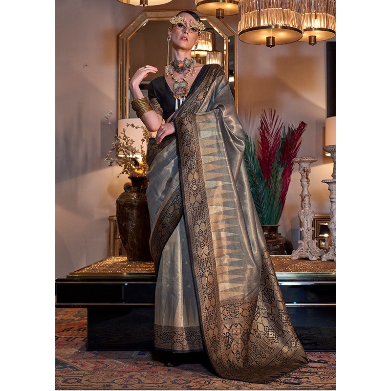 Grey Spun Silk Saree With Blouse Piece - JD986598977