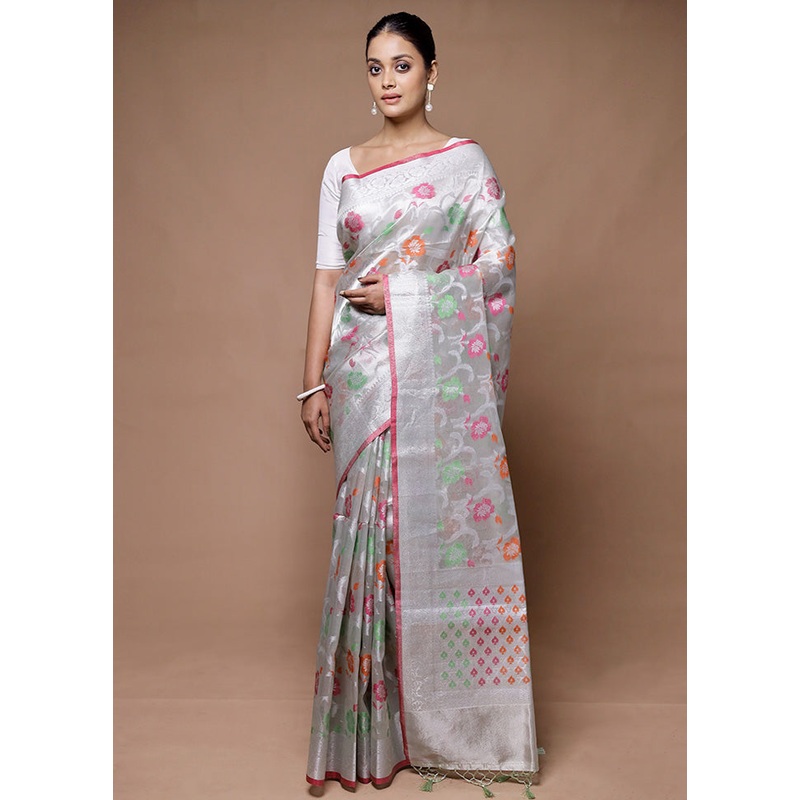 Grey Tissue Silk Saree With Blouse Piece - JD986598904