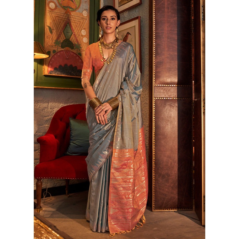Grey Tussar Silk Saree With Blouse Piece - JD986598976