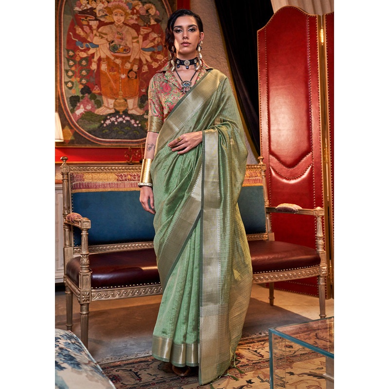 Light Green Chiffon Silk Saree With Blouse Piece - JD986598973