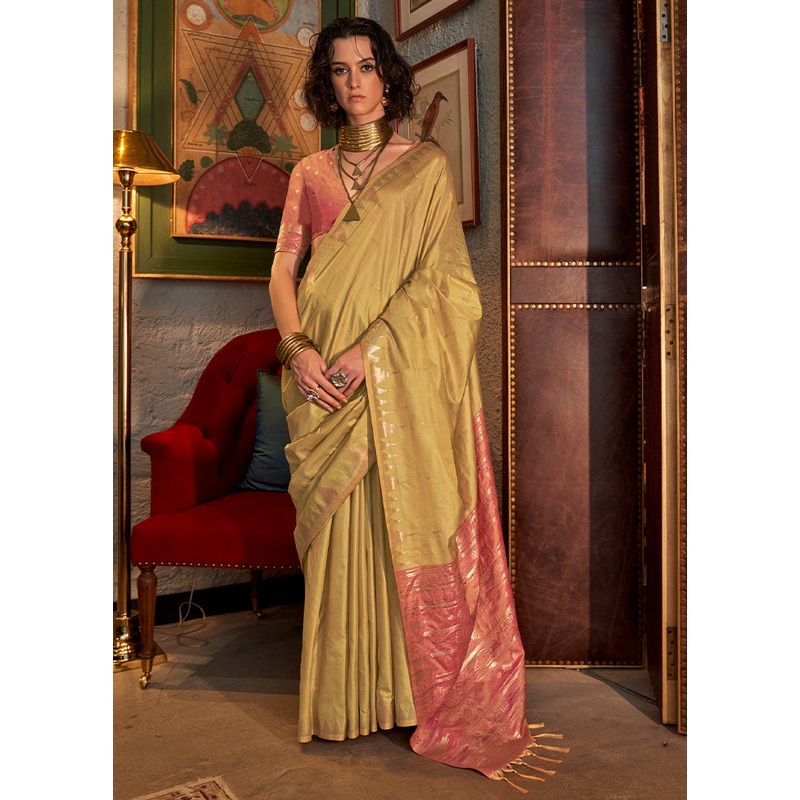 Light Yellow Tussar Silk Saree With Blouse Piece - JD986598971