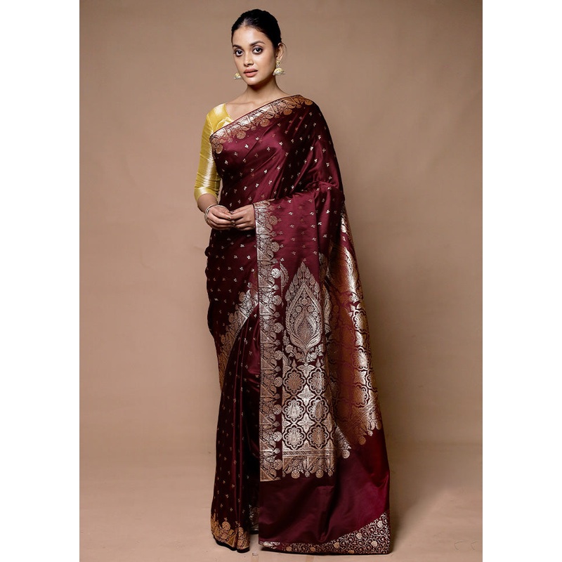 Maroon Banarasi Silk Saree With Blouse Piece - JD986598902