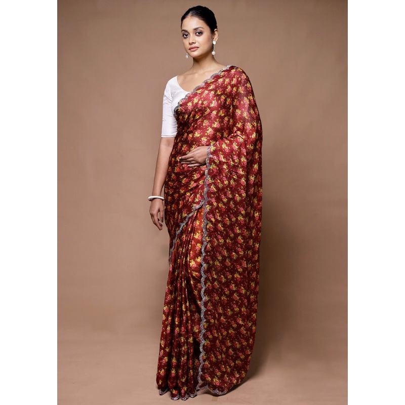 Maroon Chiffon Silk Saree With Blouse Piece - JD986598900