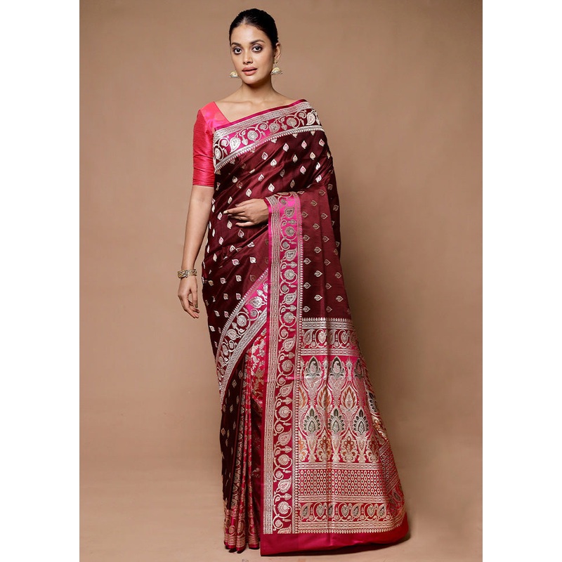 Maroon Handloom Banarasi Pure Silk Saree With Blouse Piece - JD986598899