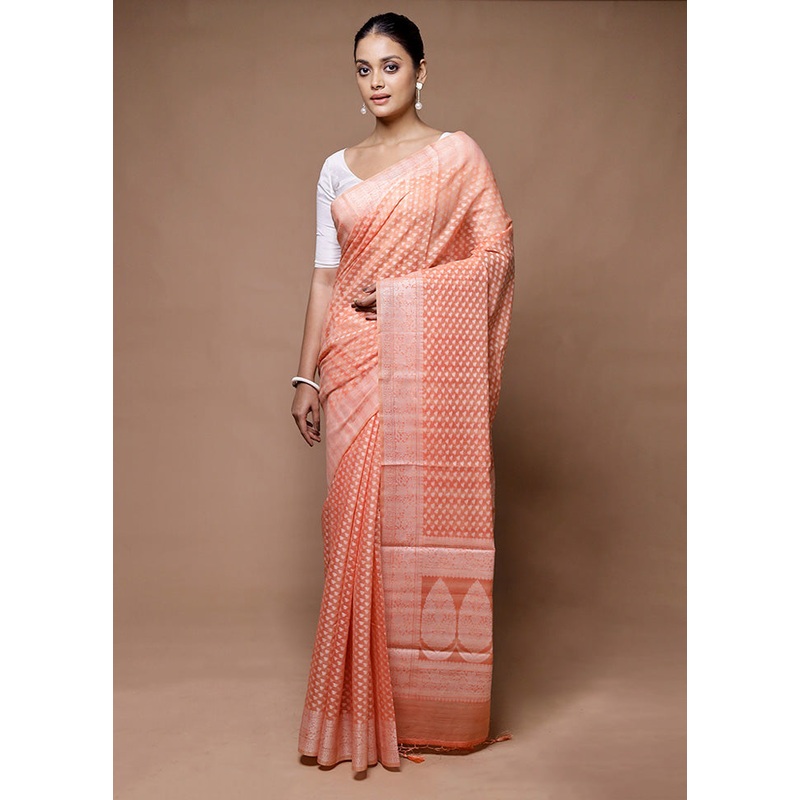 Peach Kora Silk Saree With Blouse Piece - JD986598894