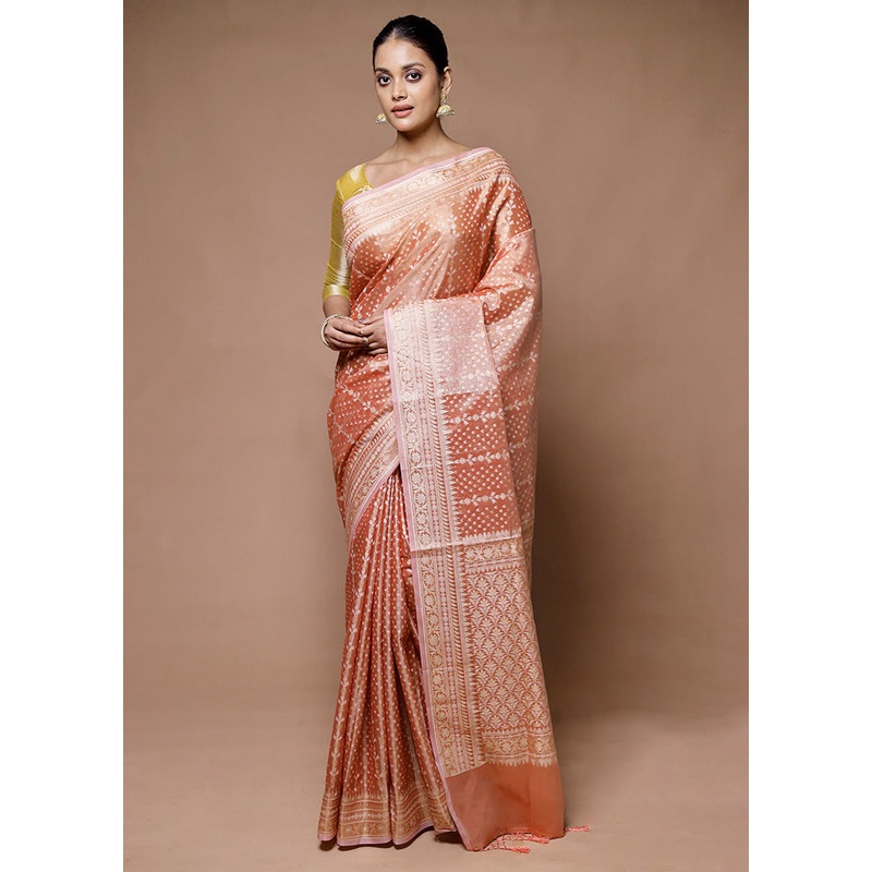 Peach Tissue Silk Saree With Blouse Piece - JD986598893