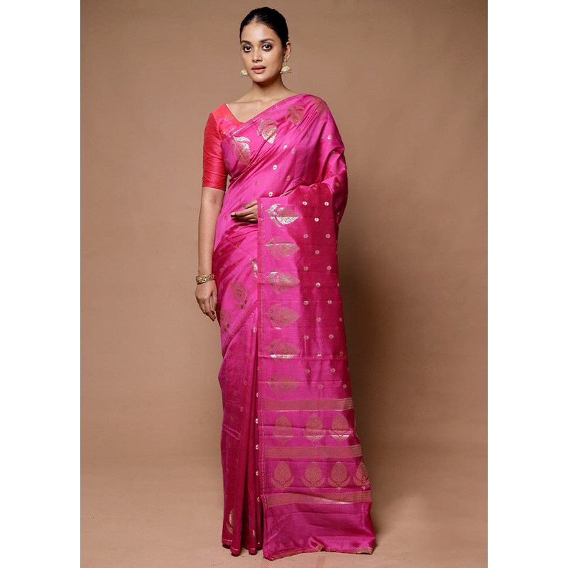 Pink Handloom Dupion Pure Silk Saree With Blouse Piece - JD986598889
