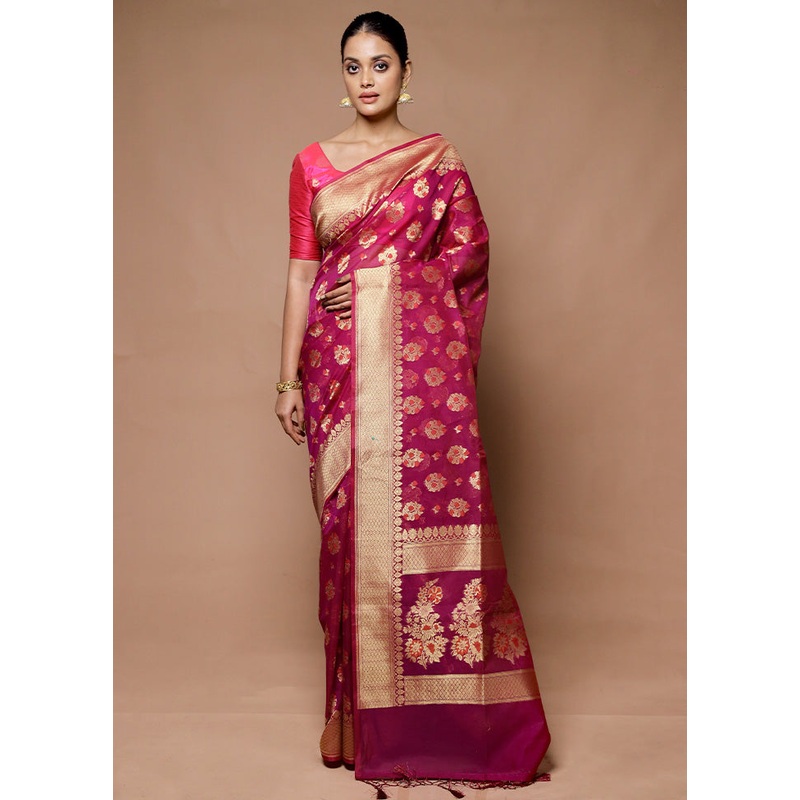 Pink Kora Silk Saree With Blouse Piece - JD986598882
