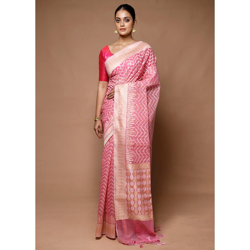 Pink Kora Silk Saree With Blouse Piece - JD986598885