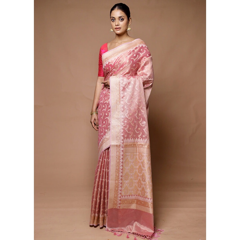 Pink Tissue Silk Saree With Blouse Piece - JD986598879