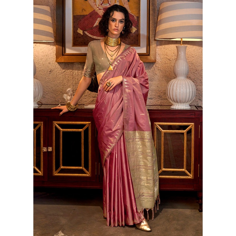 Pink Tussar Silk Saree With Blouse Piece - JD986598967
