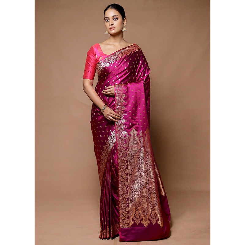 Purple Banarasi Silk Saree With Blouse Piece - JD986598877
