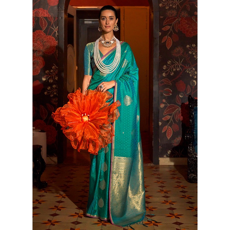 Rama Spun Silk Saree With Blouse Piece - JD986598961