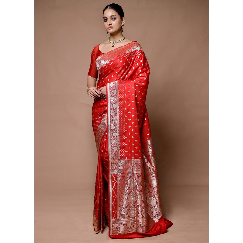 Red Banarasi Silk Saree With Blouse Piece - JD986598871