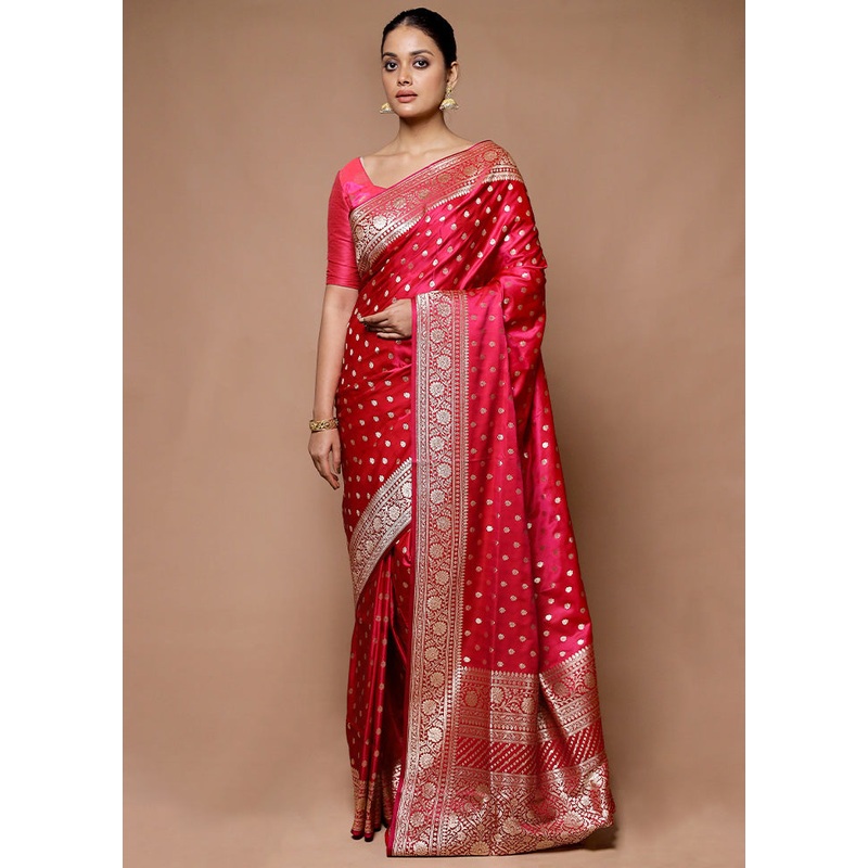 Red Banarasi Silk Saree With Blouse Piece - JD986598872