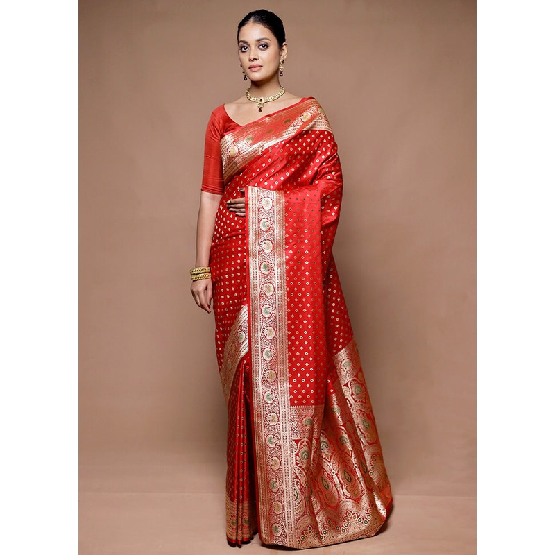 Red Banarasi Silk Saree With Blouse Piece - JD986598873