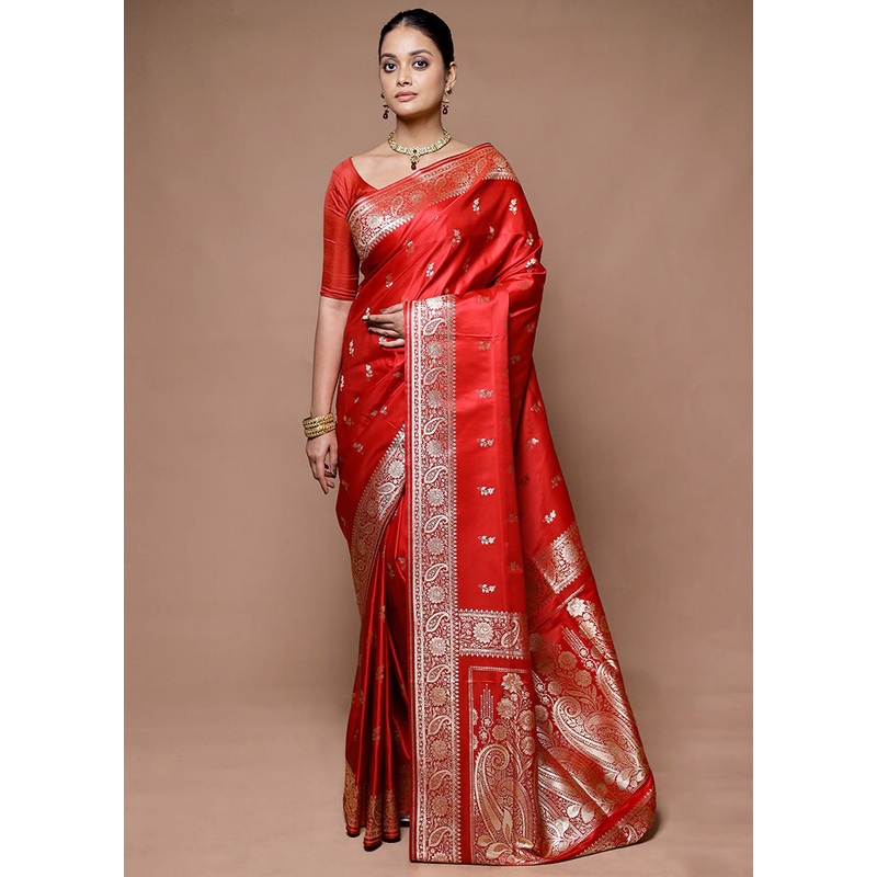 Red Banarasi Silk Saree With Blouse Piece - JD986598874