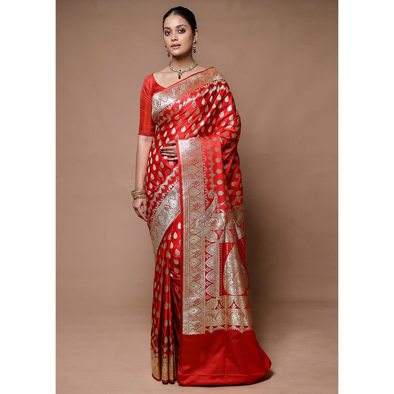 Red Banarasi Silk Saree With Blouse Piece - JD986598875