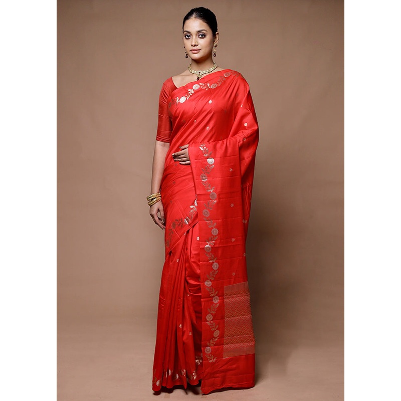 Red Handloom Dupion Pure Silk Saree With Blouse Piece - JD986598869