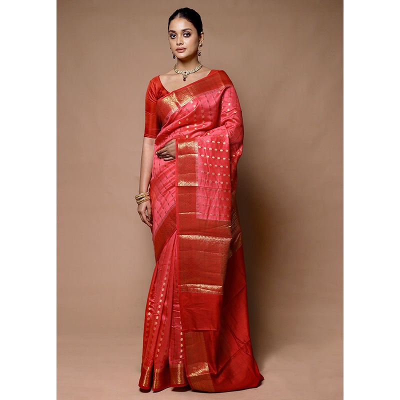 Red Handloom Dupion Pure Silk Saree With Blouse Piece - JD986598870