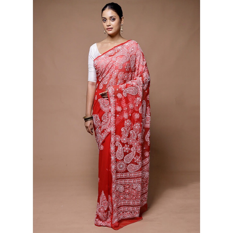 Red Handloom Pure Cotton Saree With Blouse Piece - JD986598868