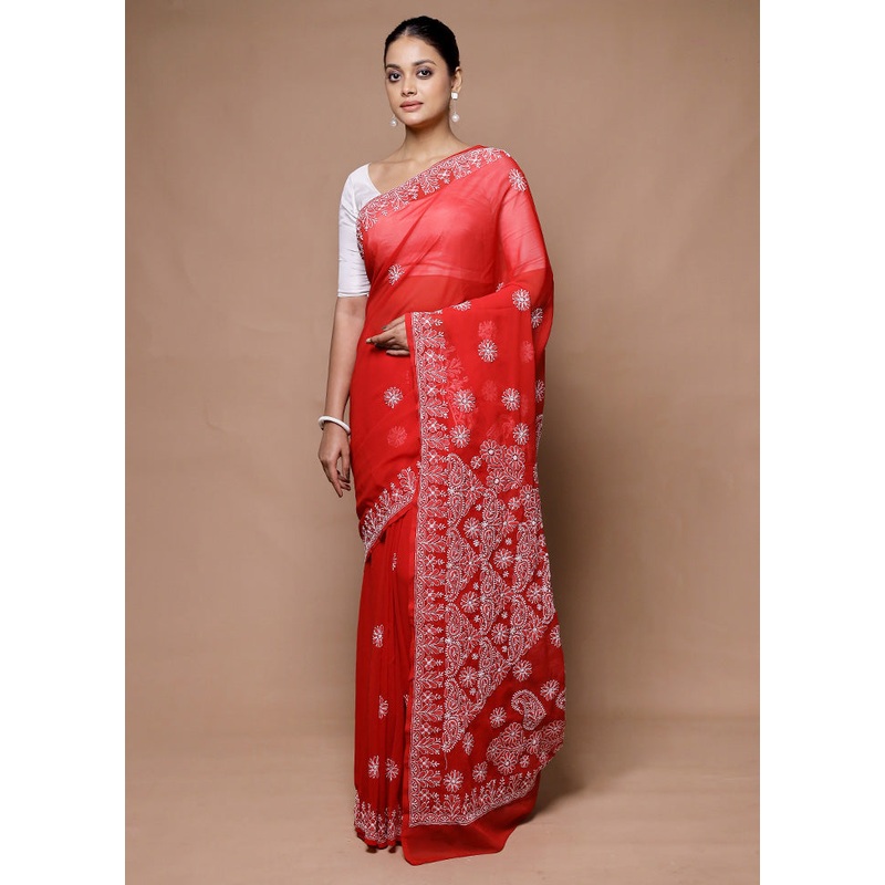 Red Pure Cotton Saree With Blouse Piece - JD986598865