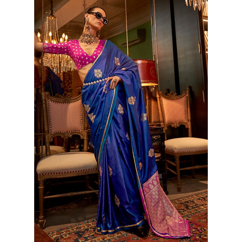 Royal Blue Satin Silk Saree With Blouse Piece - JD986598959