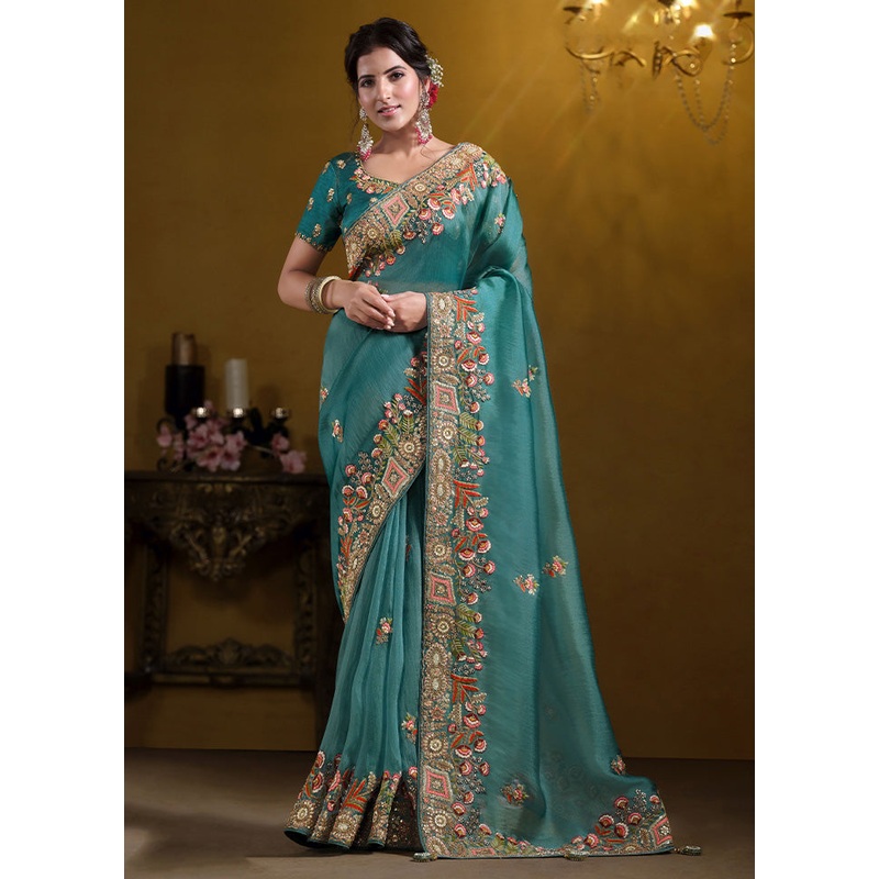Teal Blue Spun Pure Silk Saree With Blouse Piece - JD986599025