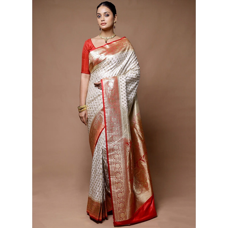 White Banarasi Silk Saree With Blouse Piece - JD986598927