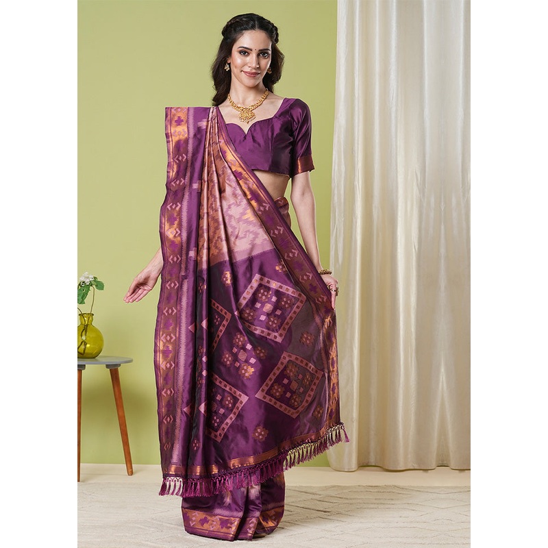 Wine Banarasi Silk Saree With Blouse Piece - JD986598993