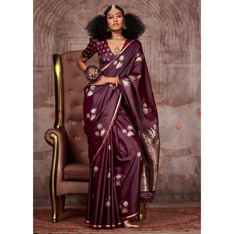 Wine Satin Silk Saree With Blouse Piece - JD986598956