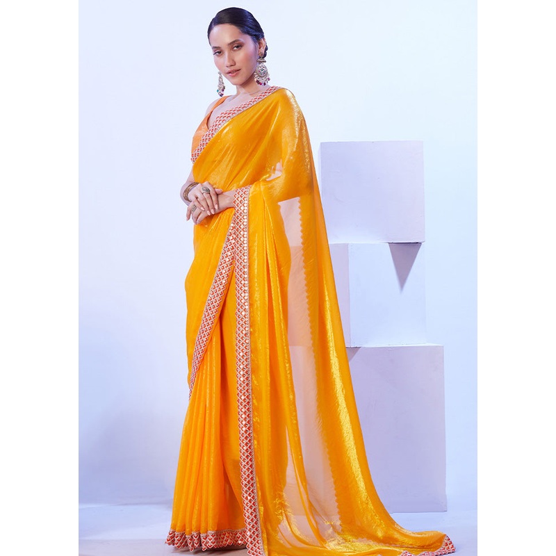 Yellow Satin Silk Saree With Blouse Piece - JD986599021