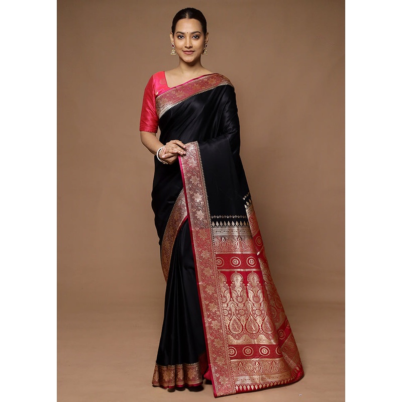 Black Banarasi Silk Saree With Blouse Piece - JD986598650