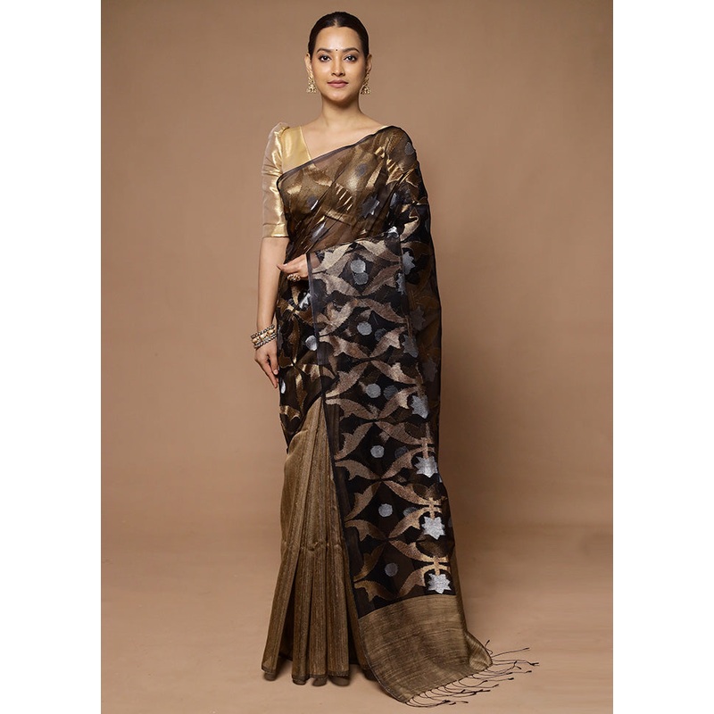 Black Handloom Matka Pure Silk Saree With Blouse Piece - JD986598649