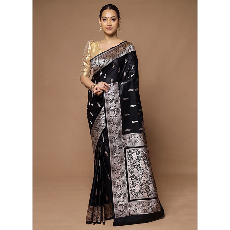 Black Katan Silk Saree With Blouse Piece - JD986598648