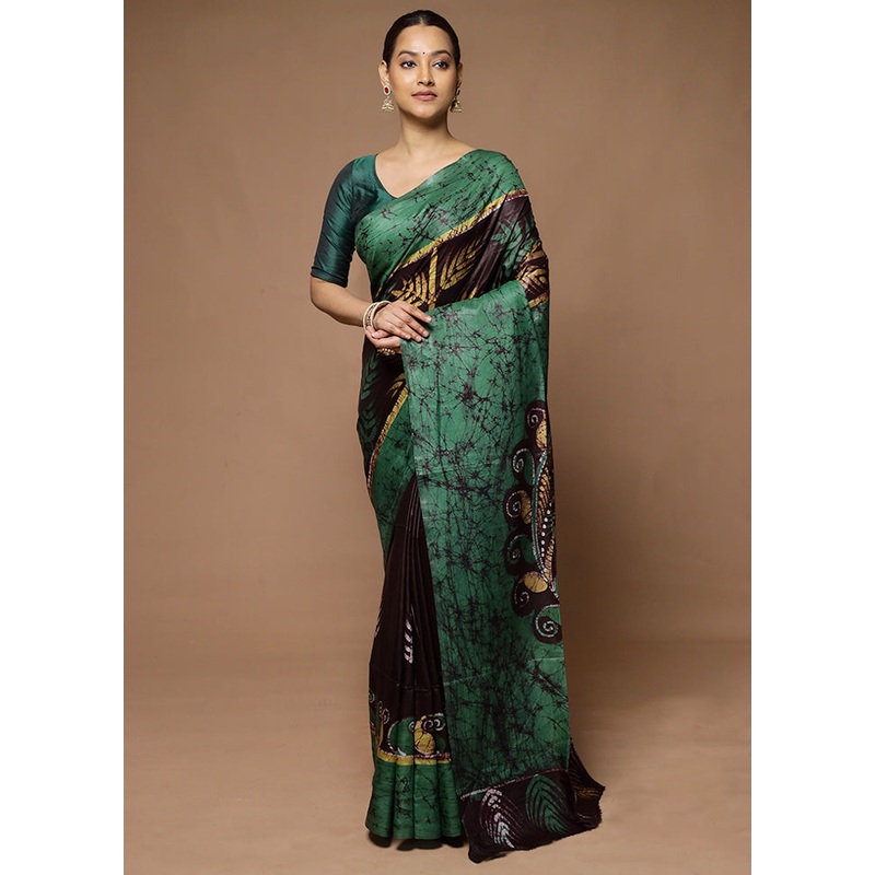 Black Printed Silk Saree Without Blouse Piece - JD986598647