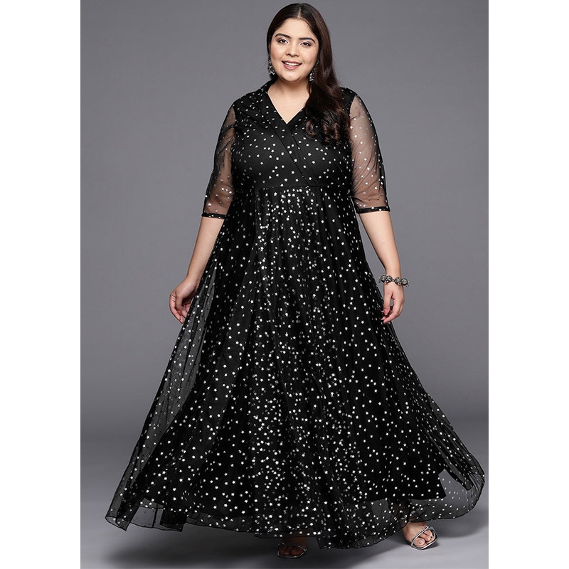 Black Readymade Net Indian Dress - JD986598815