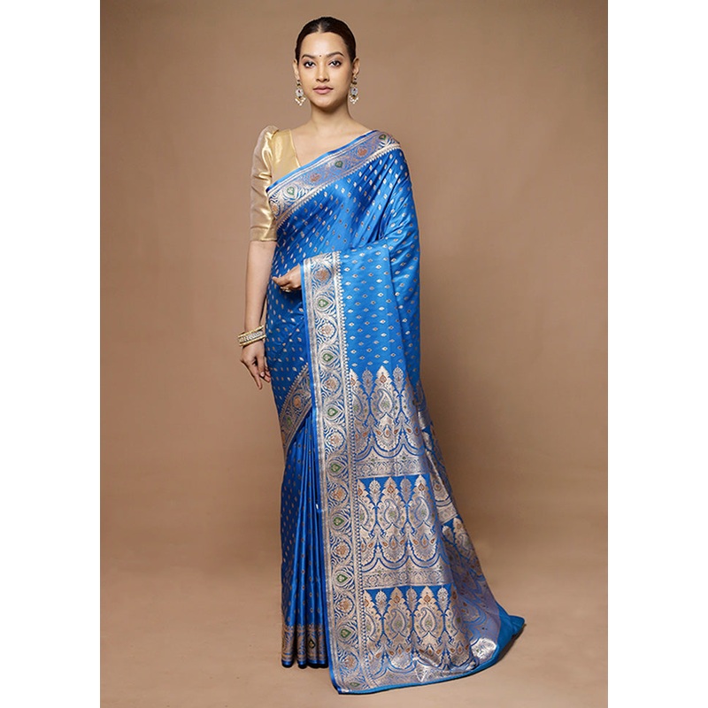 Blue Banarasi Silk Saree With Blouse Piece - JD986598644