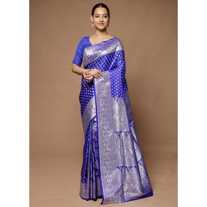 Blue Banarasi Silk Saree With Blouse Piece - JD986598646