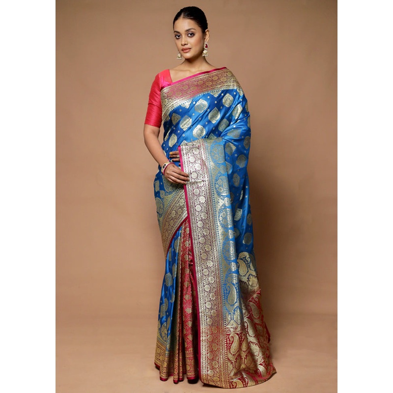 Blue Banarasi Silk Saree With Blouse Piece - JD986598746