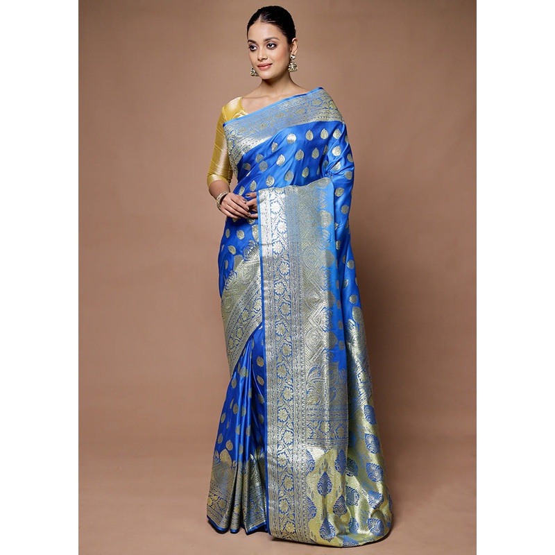 Blue Banarasi Silk Saree With Blouse Piece - JD986598747