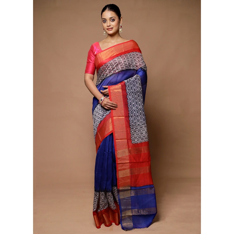 Blue Chanderi Cotton Saree With Blouse Piece - JD986598744