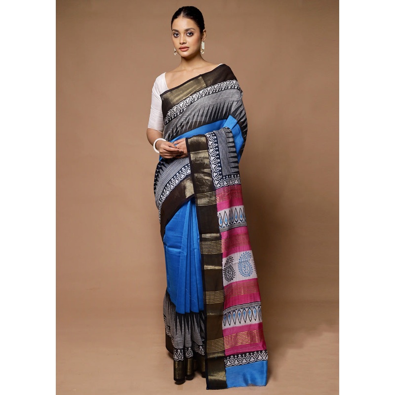 Blue Chanderi Cotton Saree With Blouse Piece - JD986598745