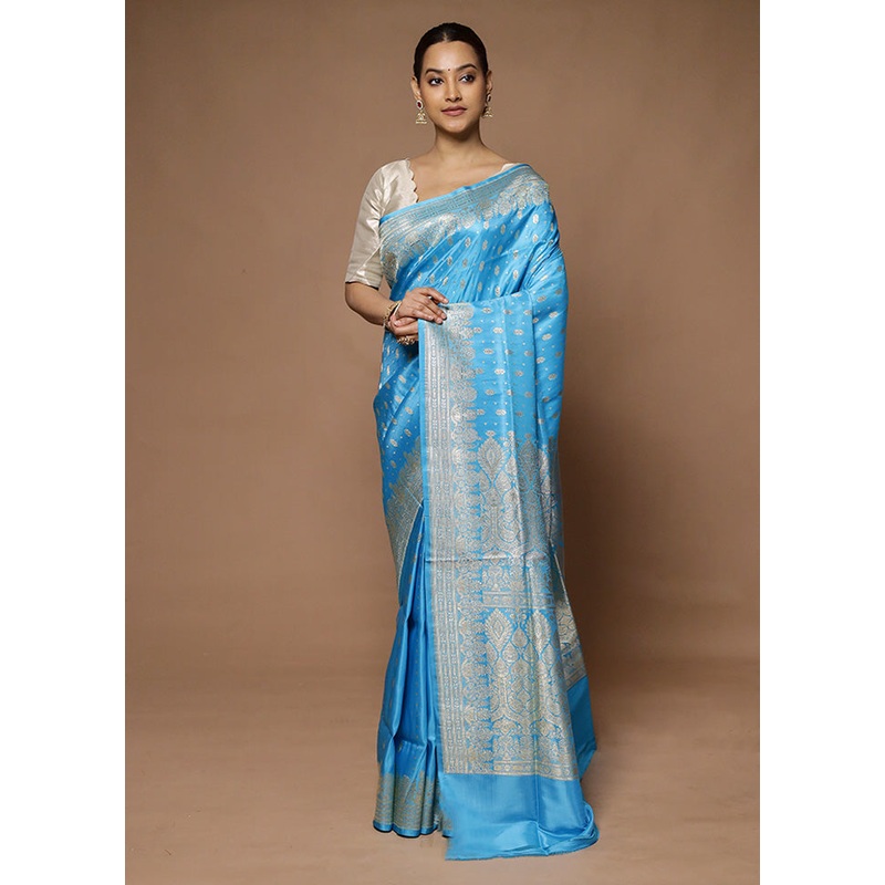 Blue Handloom Banarasi Pure Silk Saree With Blouse Piece - JD986598642