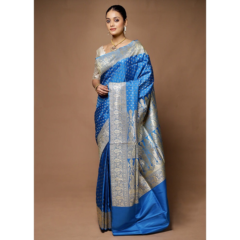 Blue Handloom Banarasi Pure Silk Saree With Blouse Piece - JD986598741