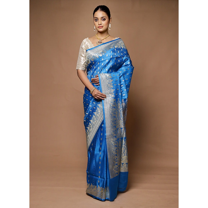 Blue Handloom Banarasi Pure Silk Saree With Blouse Piece - JD986598742