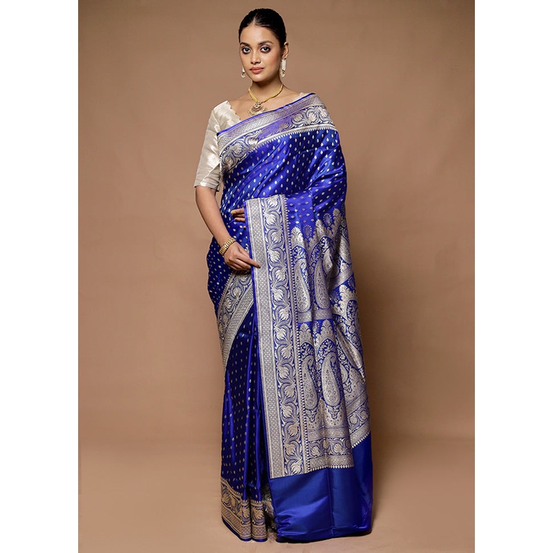 Blue Handloom Banarasi Pure Silk Saree With Blouse Piece - JD986598743
