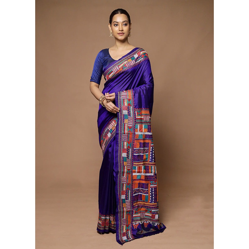 Blue Handloom Kantha Stitch Pure Silk Saree With Blouse Piece - JD986598641