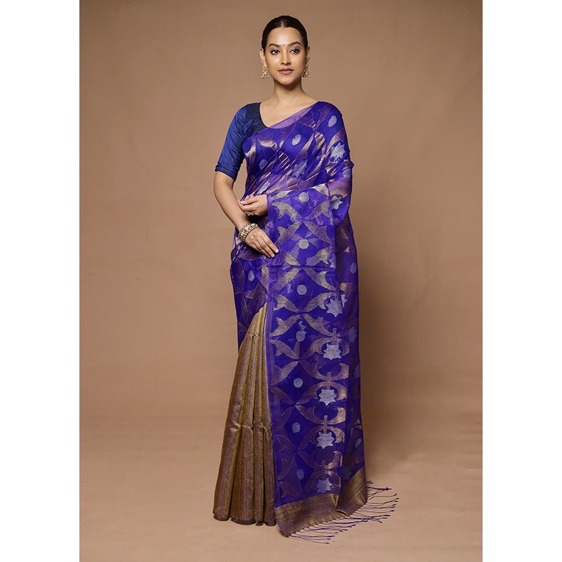 Blue Handloom Matka Pure Silk Saree With Blouse Piece - JD986598639