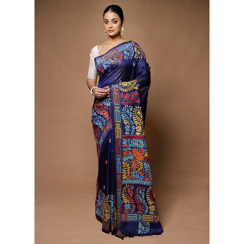 Blue Kantha Stitch Silk Saree With Blouse Piece - JD986598733